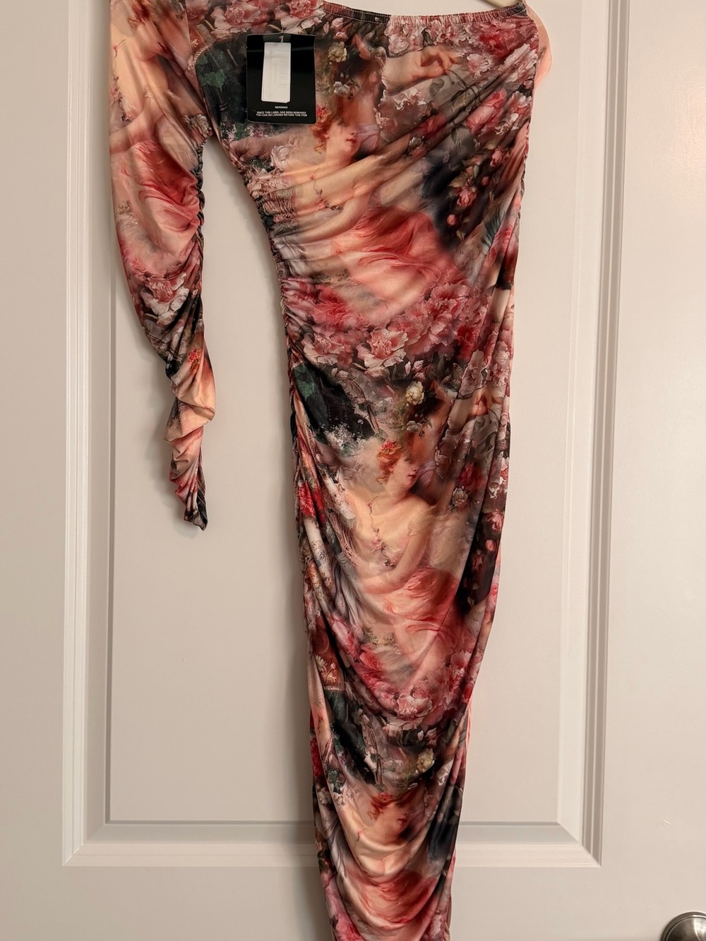 PrettyLittleThing One-Shoulder Ruched Floral Midi Dress in Blush and Rose